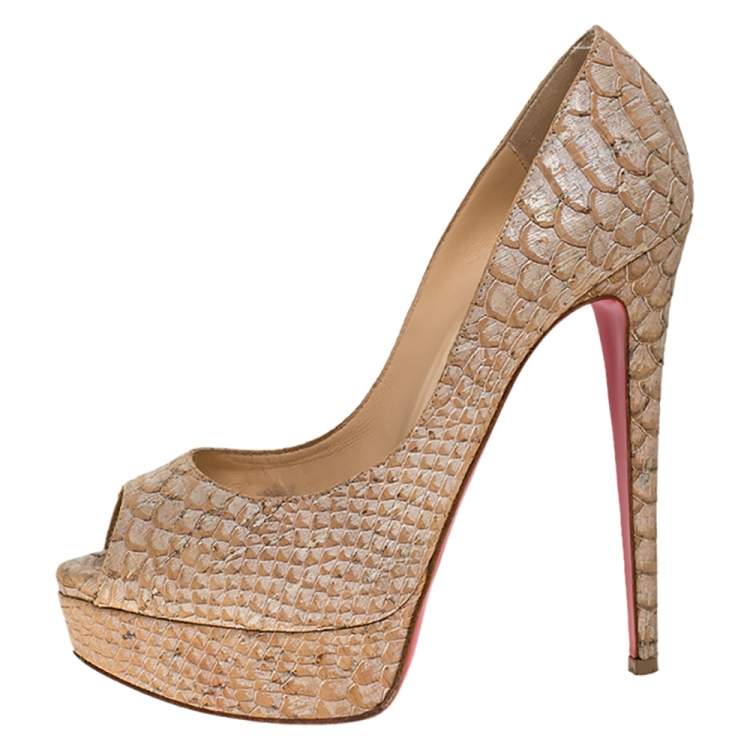 Pre Owned Christian Louboutin Beige Python Embossed Cork Lady Peep Toe Platform Pumps Size 36.5