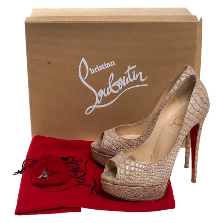 Pre Owned Christian Louboutin Beige Python Embossed Cork Lady Peep Toe Platform Pumps Size 36.5