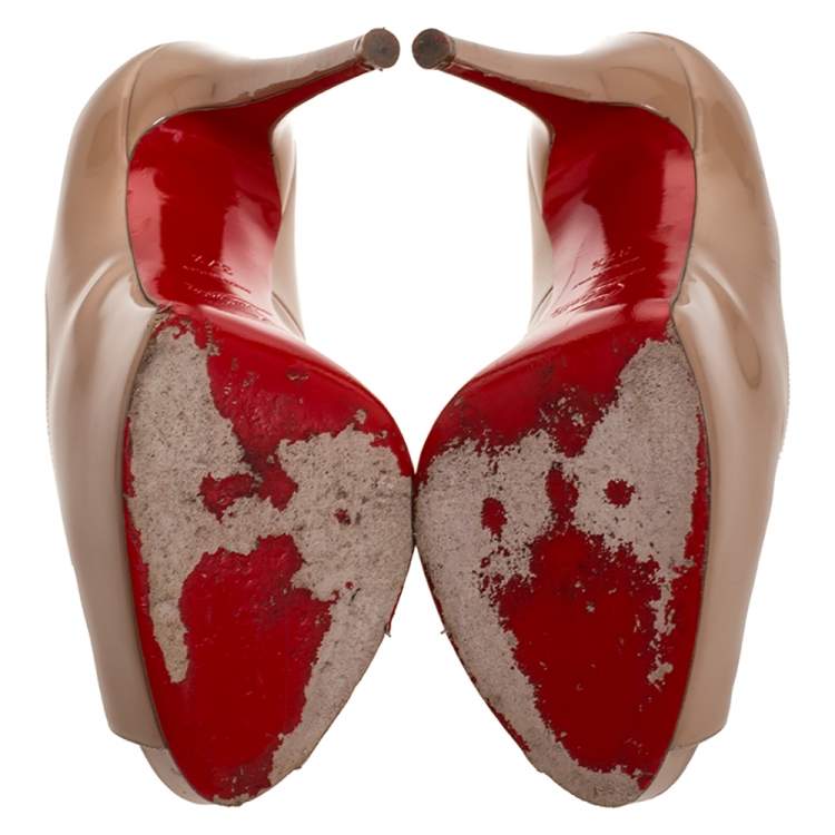 Pre Owned Christian Louboutin Beige Patent Leather Peep Toe Very Prive Pump Size 37.5