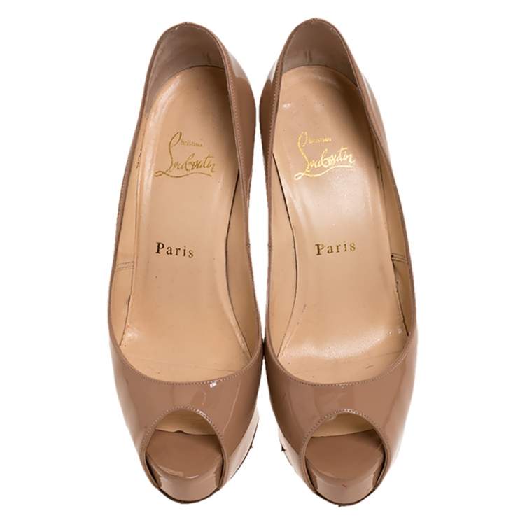 Pre Owned Christian Louboutin Beige Patent Leather Peep Toe Very Prive Pump Size 37.5