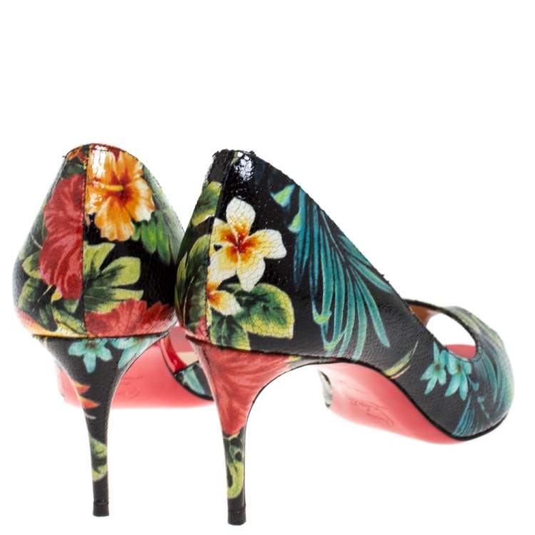 Pre Owned Christian Louboutin Multicolor Hawaii Print Patent Leather Demi You D'Orsay Pumps Size 38