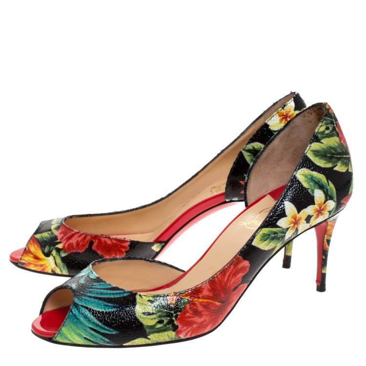 Pre Owned Christian Louboutin Multicolor Hawaii Print Patent Leather Demi You D'Orsay Pumps Size 38