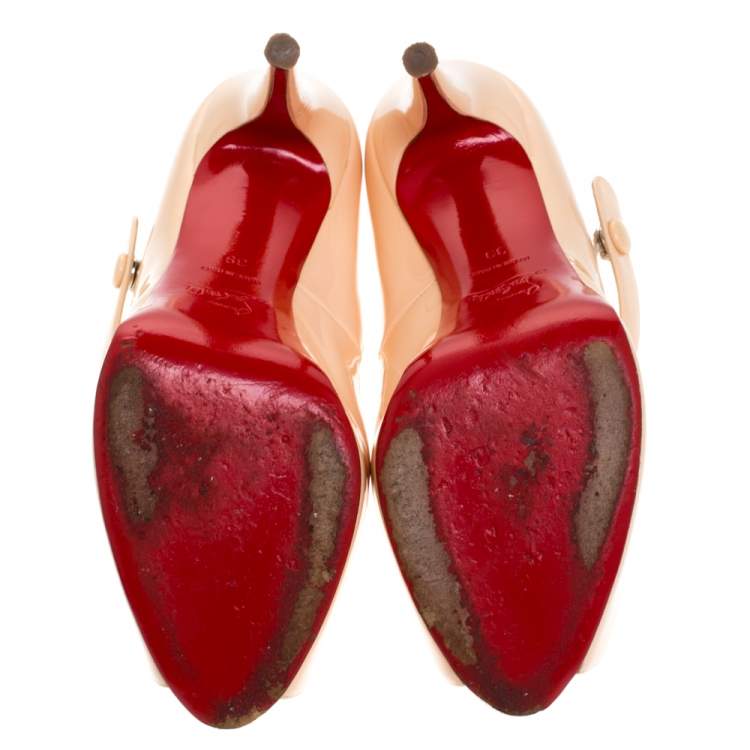 Pre Owned Christian Louboutin Beige Patent Alta Iowa Peep Toe Mary Jane Pumps Size 39