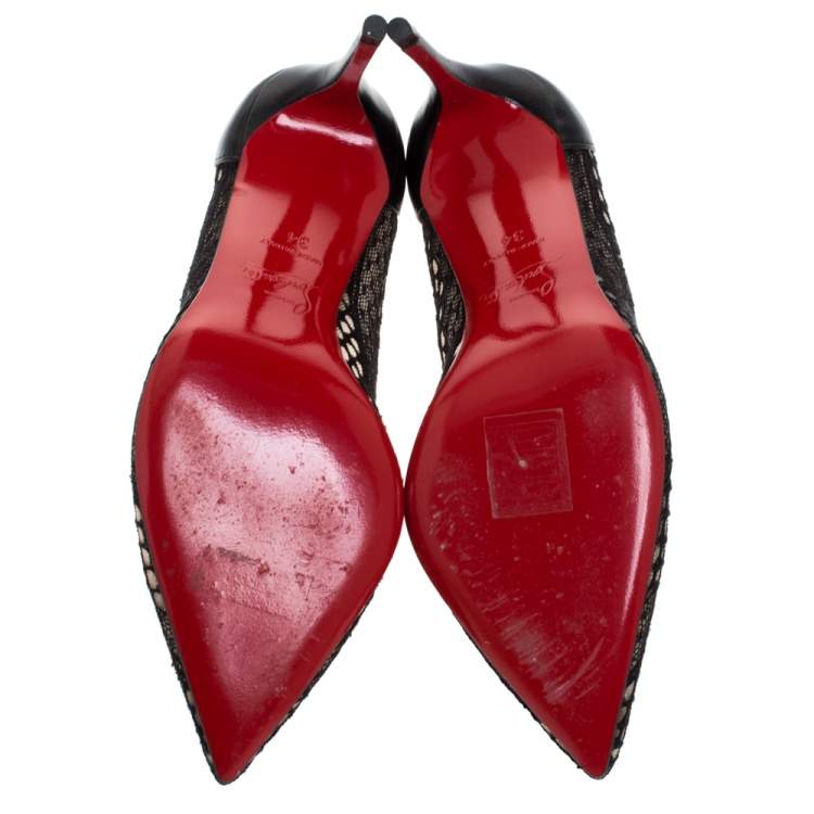 Pre Owned Christian Louboutin Black Lace and Leather Follies Pointed Toe Pumps Size 34