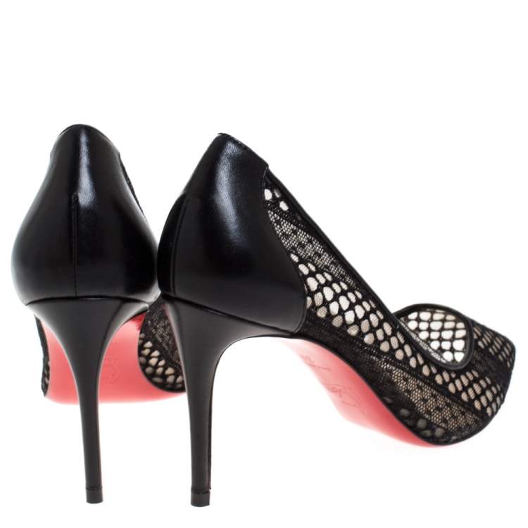 Pre Owned Christian Louboutin Black Lace and Leather Follies Pointed Toe Pumps Size 34