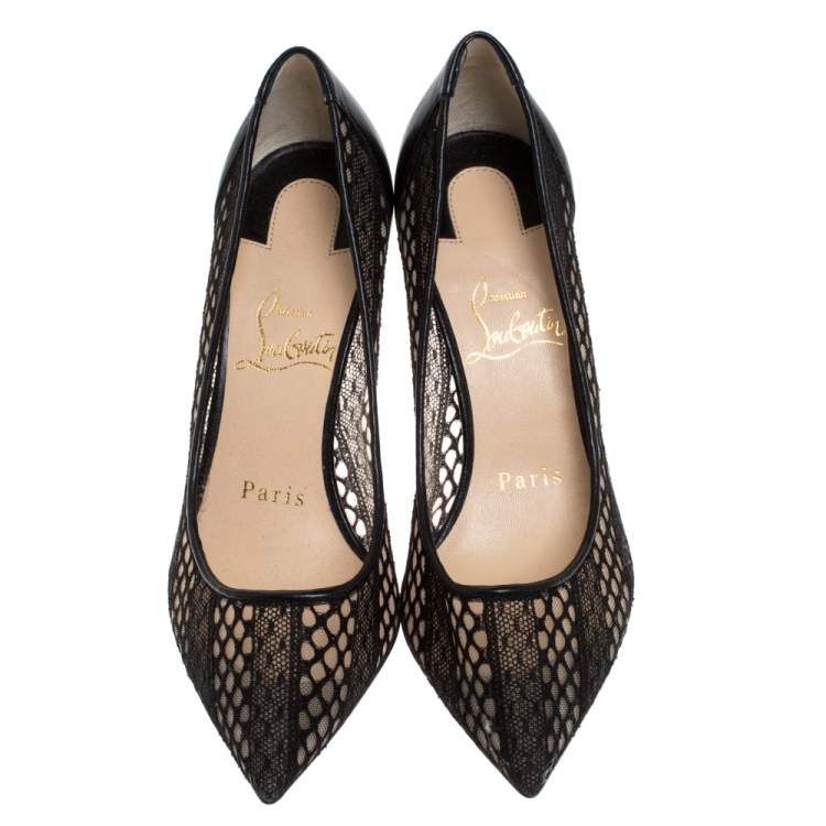 Pre Owned Christian Louboutin Black Lace and Leather Follies Pointed Toe Pumps Size 34