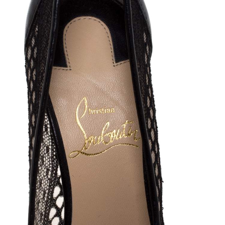 Pre Owned Christian Louboutin Black Lace and Leather Follies Pointed Toe Pumps Size 34