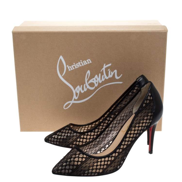 Pre Owned Christian Louboutin Black Lace and Leather Follies Pointed Toe Pumps Size 34