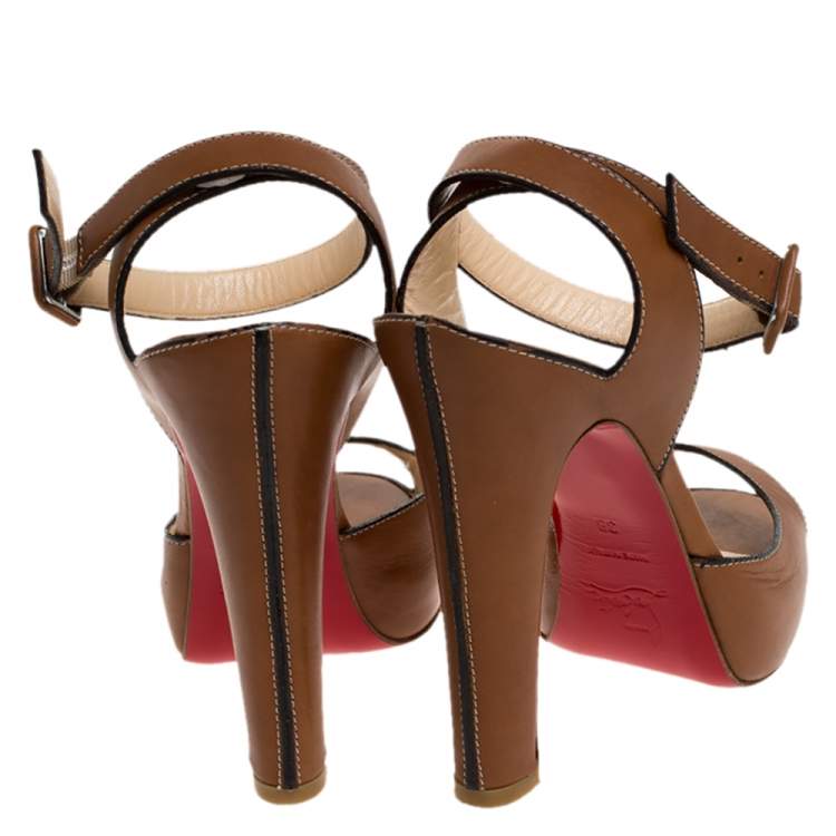 Pre Owned Christian Louboutin Tan Leather Ankle Strap Platform Sandals Size 38