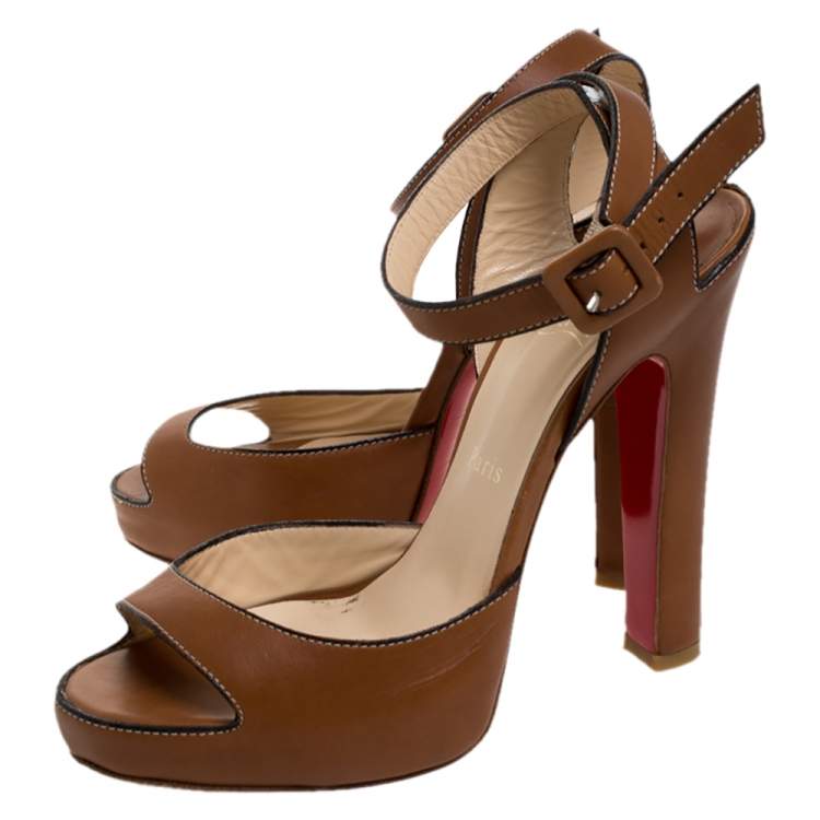 Pre Owned Christian Louboutin Tan Leather Ankle Strap Platform Sandals Size 38