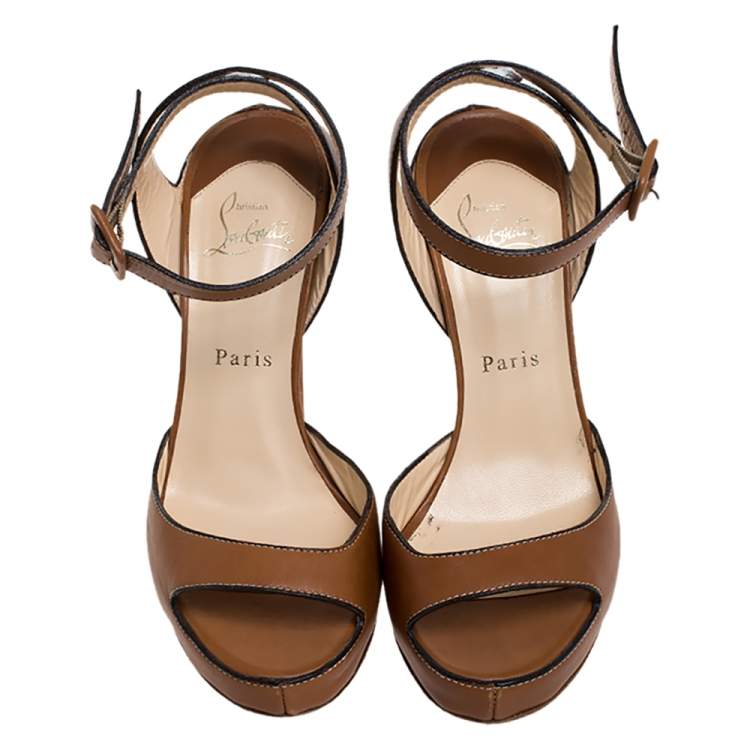 Pre Owned Christian Louboutin Tan Leather Ankle Strap Platform Sandals Size 38