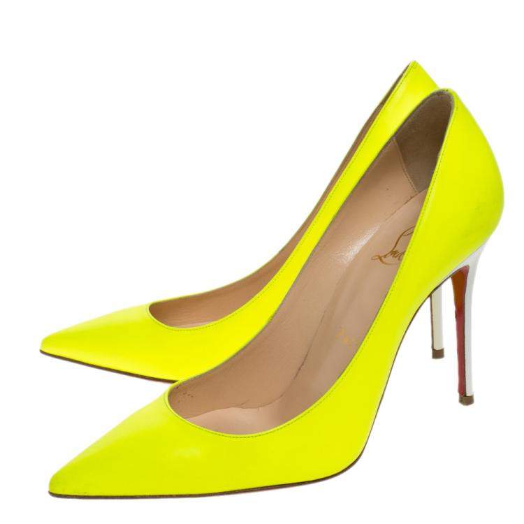 Pre Owned Christian Louboutin Neon Green/White Leather So Kate Pumps Size 36.5