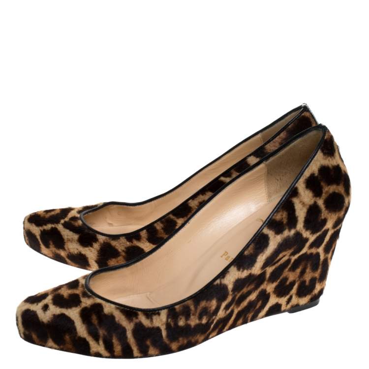 Pre Owned Christian Louboutin Brown Pony Hair New Peanut Wedge Pumps Size 40