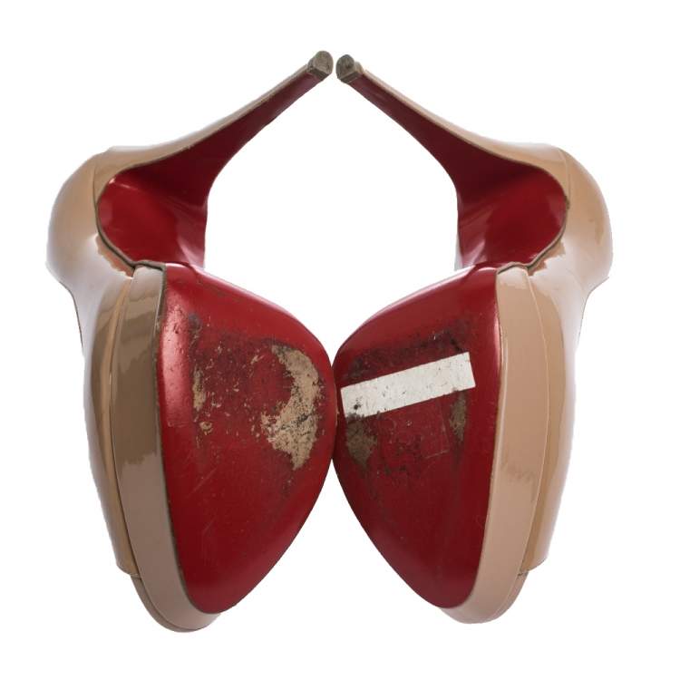 Pre Owned Christian Louboutin Beige Patent Leather Lady Peep Toe Platform Pumps Size 41