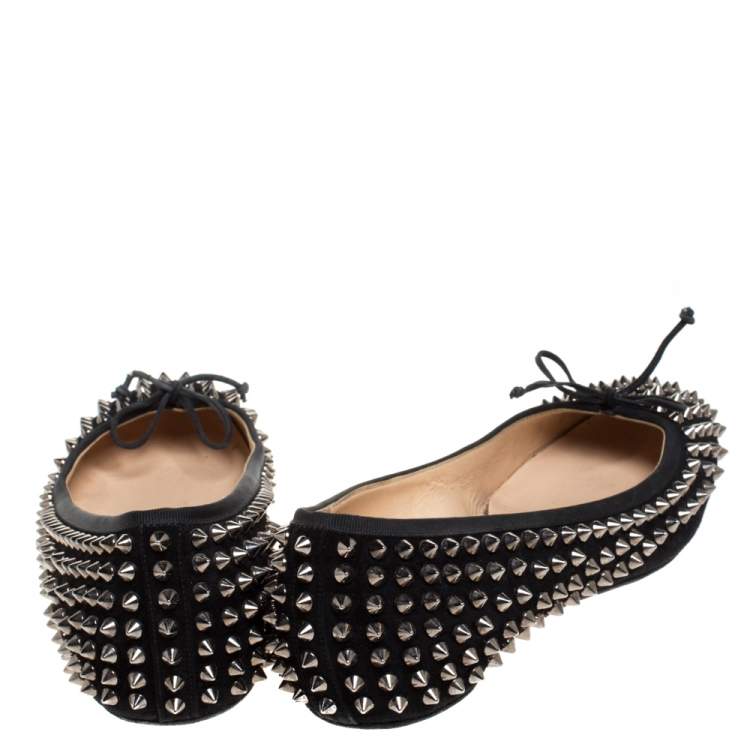 Pre Owned Christian Louboutin Black Suede Spiked Big Kiss Ballet Flats Size 40