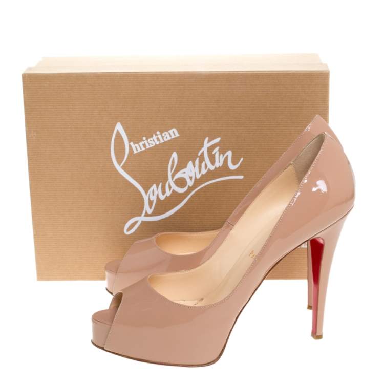 Pre Owned Christian Louboutin Beige Patent Leather Hyper Prive Peep Toe Platform Pumps  Size 40.5