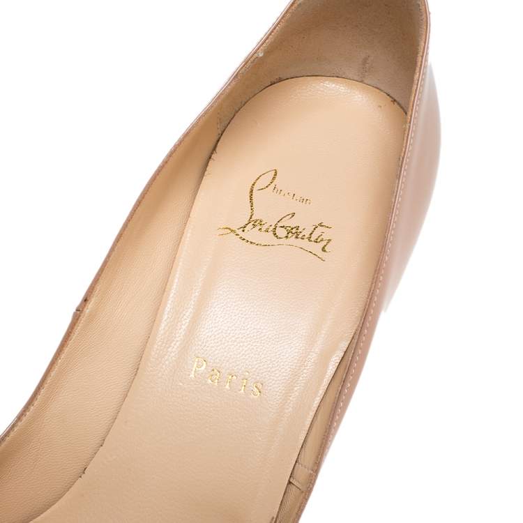 Pre Owned Christian Louboutin Beige Patent Leather Hyper Prive Peep Toe Platform Pumps  Size 40.5