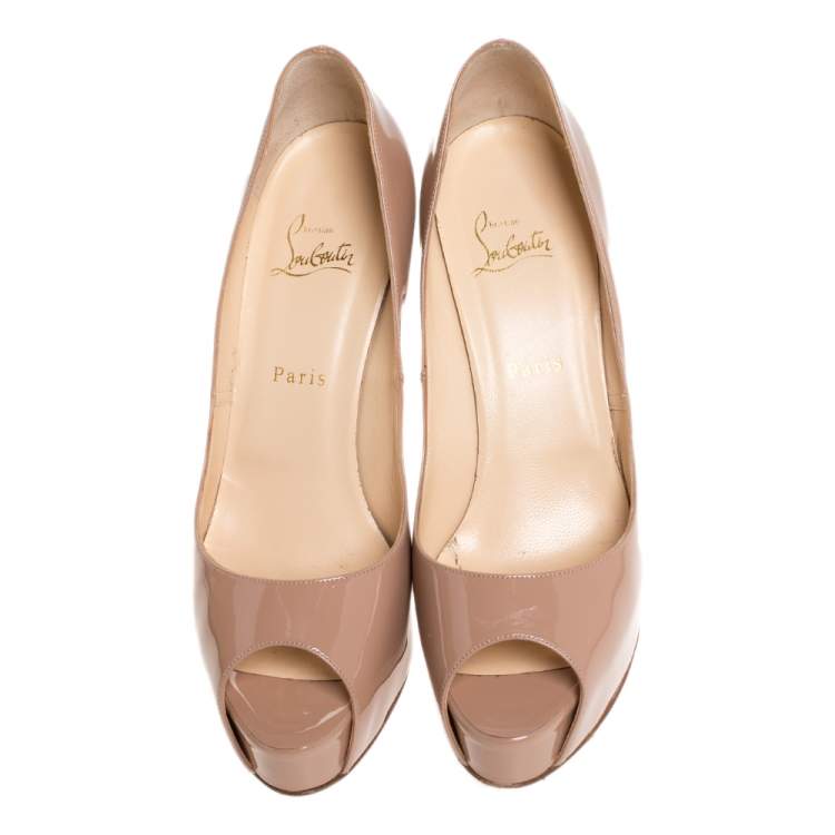 Pre Owned Christian Louboutin Beige Patent Leather Hyper Prive Peep Toe Platform Pumps  Size 40.5