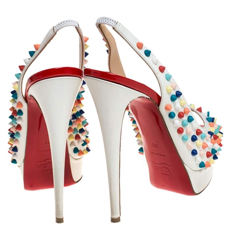 Pre Owned Christian Louboutin White Leather Lady Peep Multicolor Spikes Slingback Sandals Size 38