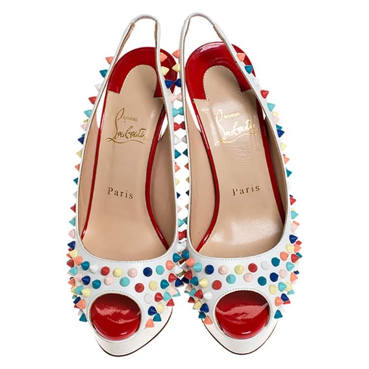 Pre Owned Christian Louboutin White Leather Lady Peep Multicolor Spikes Slingback Sandals Size 38