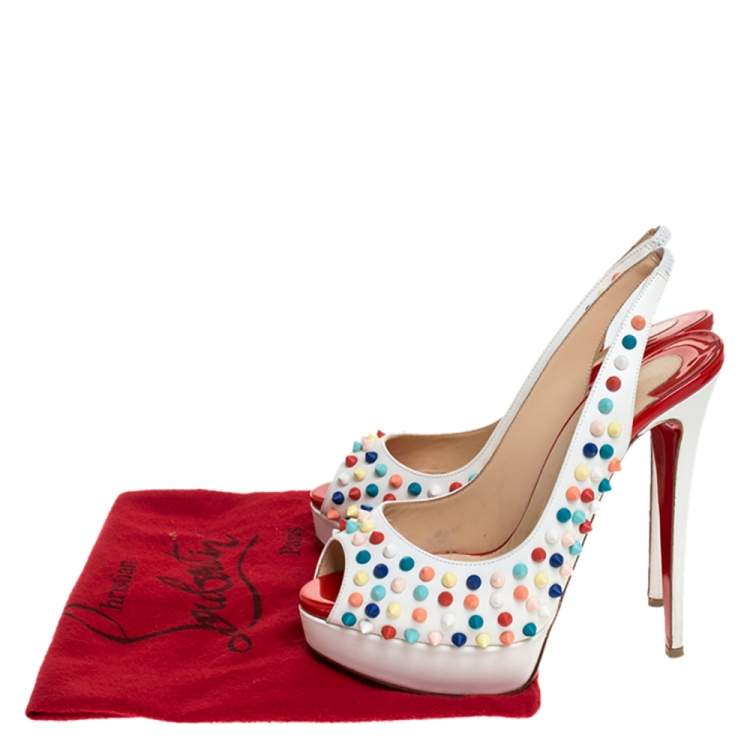 Pre Owned Christian Louboutin White Leather Lady Peep Multicolor Spikes Slingback Sandals Size 38