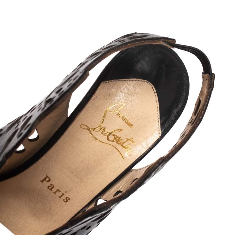 Pre Owned Christian Louboutin Black Lasercut Leather Markesling Slingback Sandals Size 36.5