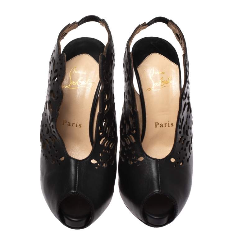 Pre Owned Christian Louboutin Black Lasercut Leather Markesling Slingback Sandals Size 36.5