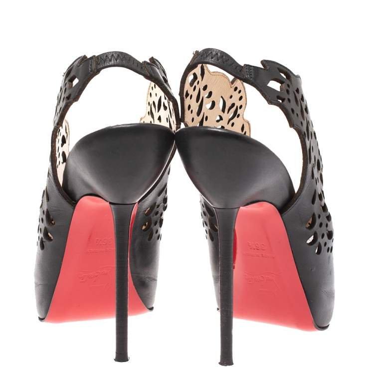 Pre Owned Christian Louboutin Black Lasercut Leather Markesling Slingback Sandals Size 36.5
