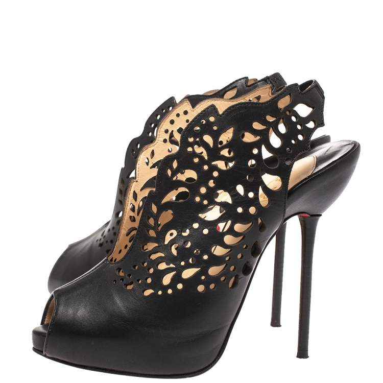 Pre Owned Christian Louboutin Black Lasercut Leather Markesling Slingback Sandals Size 36.5
