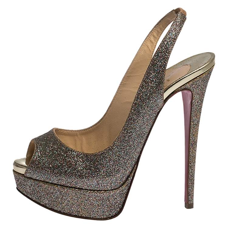 Pre Owned Christian Louboutin Multicolor Glitter Fabric Lady Peep Toe Platform Slingback Sandals Size 36.5