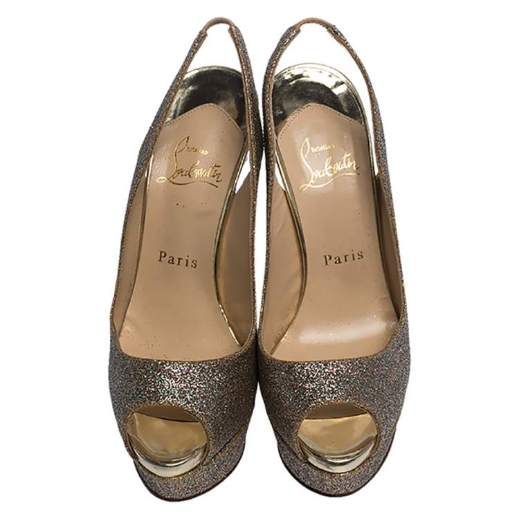 Pre Owned Christian Louboutin Multicolor Glitter Fabric Lady Peep Toe Platform Slingback Sandals Size 36.5