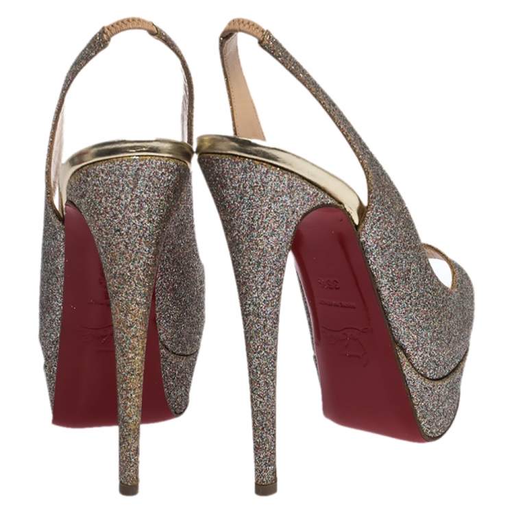 Pre Owned Christian Louboutin Multicolor Glitter Fabric Lady Peep Toe Platform Slingback Sandals Size 36.5