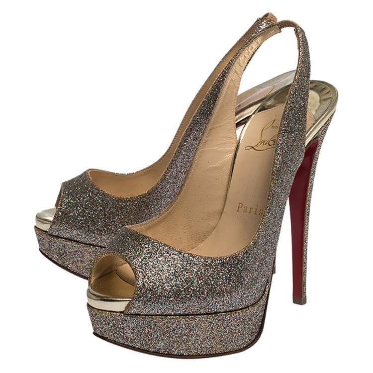 Pre Owned Christian Louboutin Multicolor Glitter Fabric Lady Peep Toe Platform Slingback Sandals Size 36.5