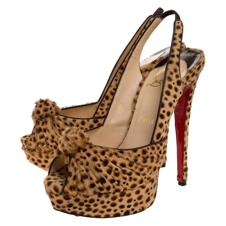 Pre Owned Christian Louboutin Brown Calf hair Jenny Knotted Slingback Platform Sandals Size 38