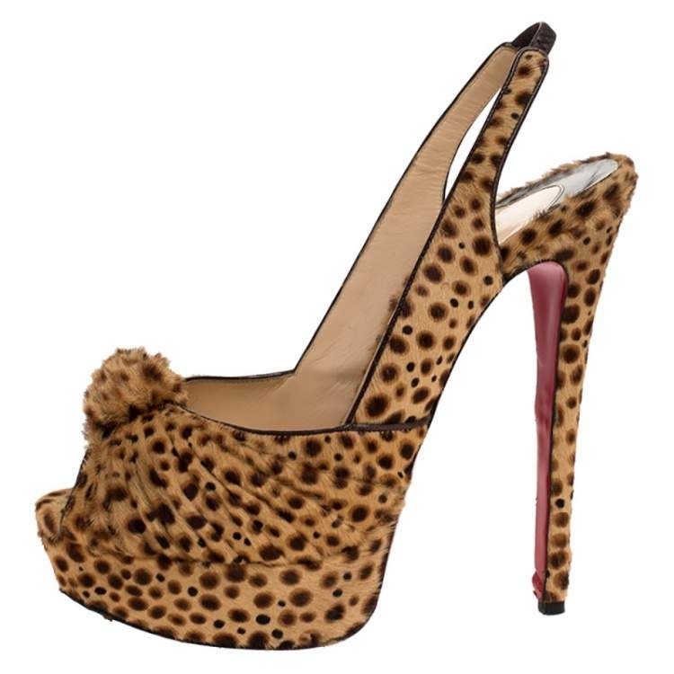 Pre Owned Christian Louboutin Brown Calf hair Jenny Knotted Slingback Platform Sandals Size 38