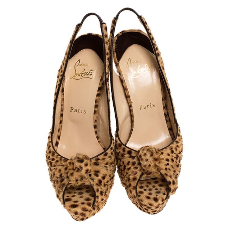 Pre Owned Christian Louboutin Brown Calf hair Jenny Knotted Slingback Platform Sandals Size 38