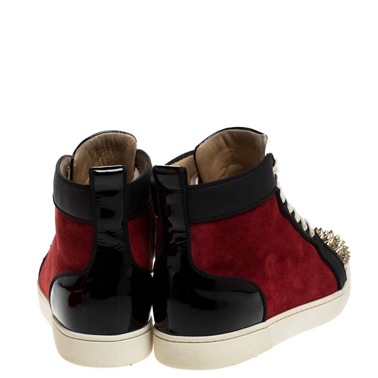 Pre Owned Christian Louboutin Black/Red Leather and Suede Louis Spike High Top Sneakers Size 37