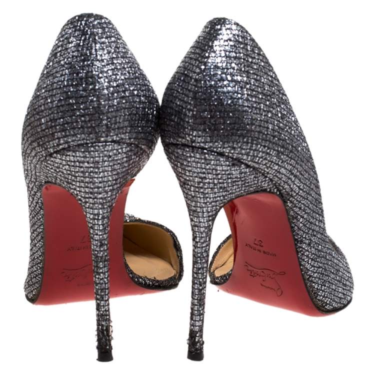 Pre Owned Christian Louboutin Metallic Silver Glitter Lamè Fabric Iriza D'orsay Pumps Size 37