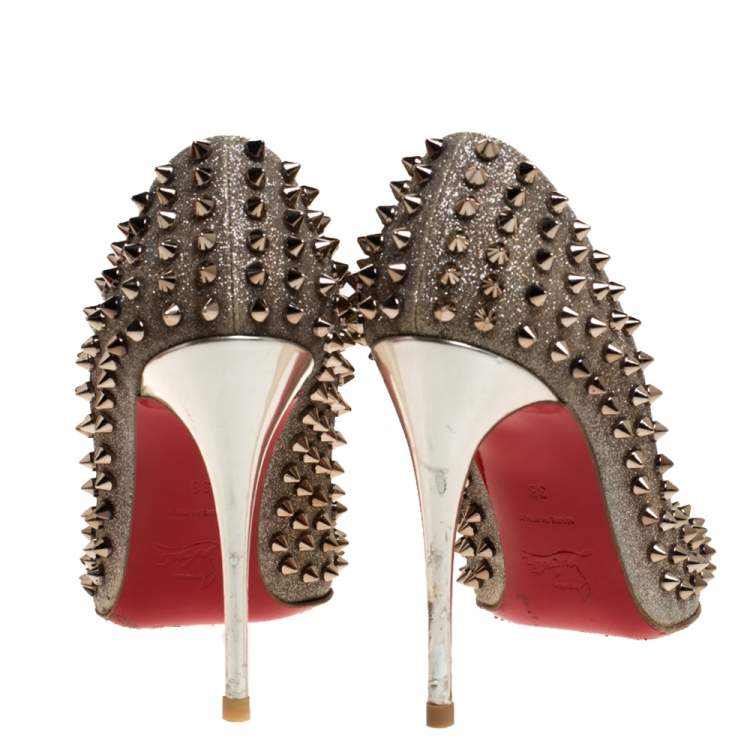 Pre Owned Christian Louboutin Gold Glittered Leather Follies Spikes Pointed Toe Pumps Size 38