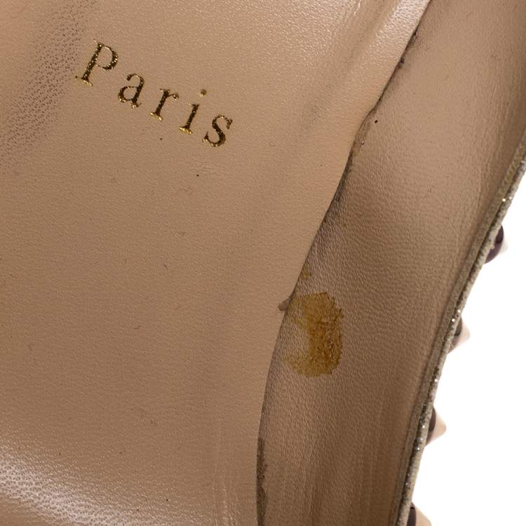 Pre Owned Christian Louboutin Gold Glittered Leather Follies Spikes Pointed Toe Pumps Size 38