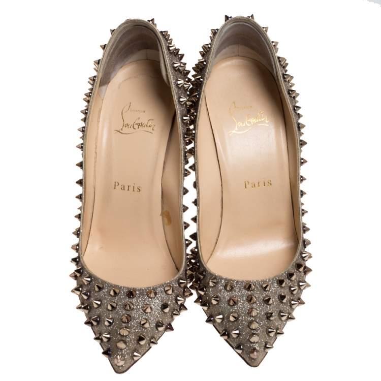 Pre Owned Christian Louboutin Gold Glittered Leather Follies Spikes Pointed Toe Pumps Size 38