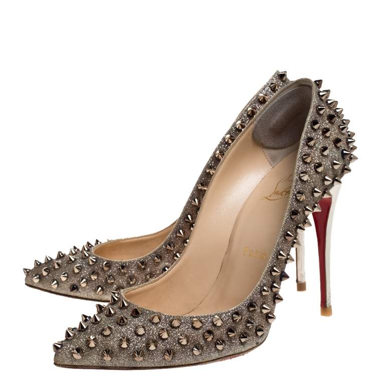 Pre Owned Christian Louboutin Gold Glittered Leather Follies Spikes Pointed Toe Pumps Size 38