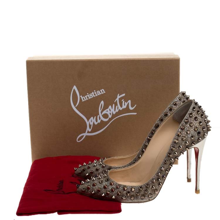 Pre Owned Christian Louboutin Gold Glittered Leather Follies Spikes Pointed Toe Pumps Size 38