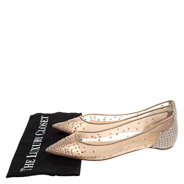 مملوكة مسبقًا Christian Louboutin Beige Embellished Mesh And Lame Fabric Follies Strass Pointed Toe Ballet Flats Size 38.5