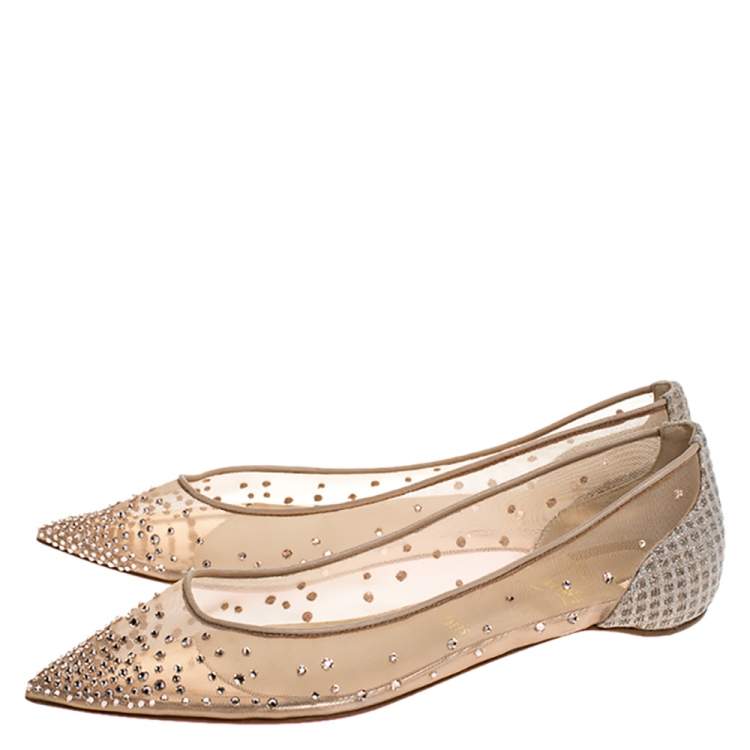 مملوكة مسبقًا Christian Louboutin Beige Embellished Mesh And Lame Fabric Follies Strass Pointed Toe Ballet Flats Size 38.5