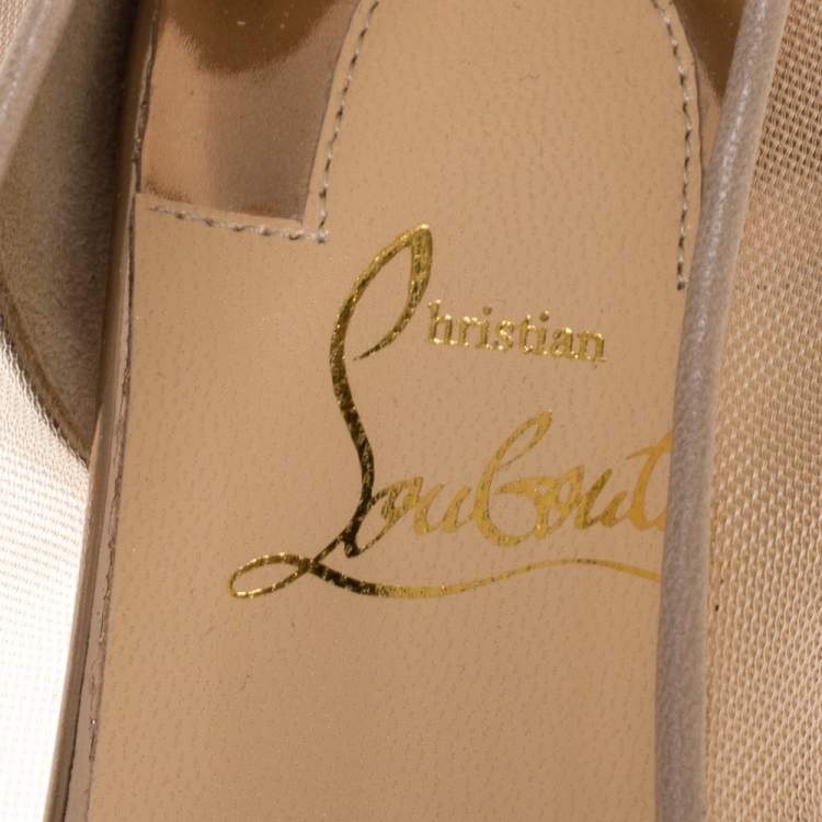 مملوكة مسبقًا Christian Louboutin Beige Embellished Mesh And Lame Fabric Follies Strass Pointed Toe Ballet Flats Size 38.5