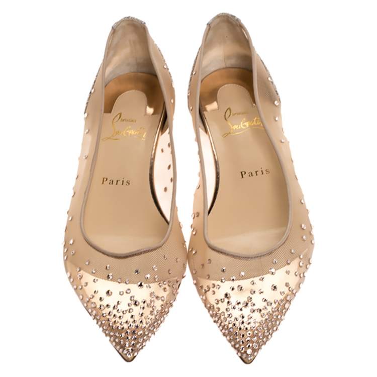مملوكة مسبقًا Christian Louboutin Beige Embellished Mesh And Lame Fabric Follies Strass Pointed Toe Ballet Flats Size 38.5