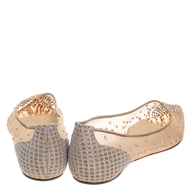 مملوكة مسبقًا Christian Louboutin Beige Embellished Mesh And Lame Fabric Follies Strass Pointed Toe Ballet Flats Size 38.5