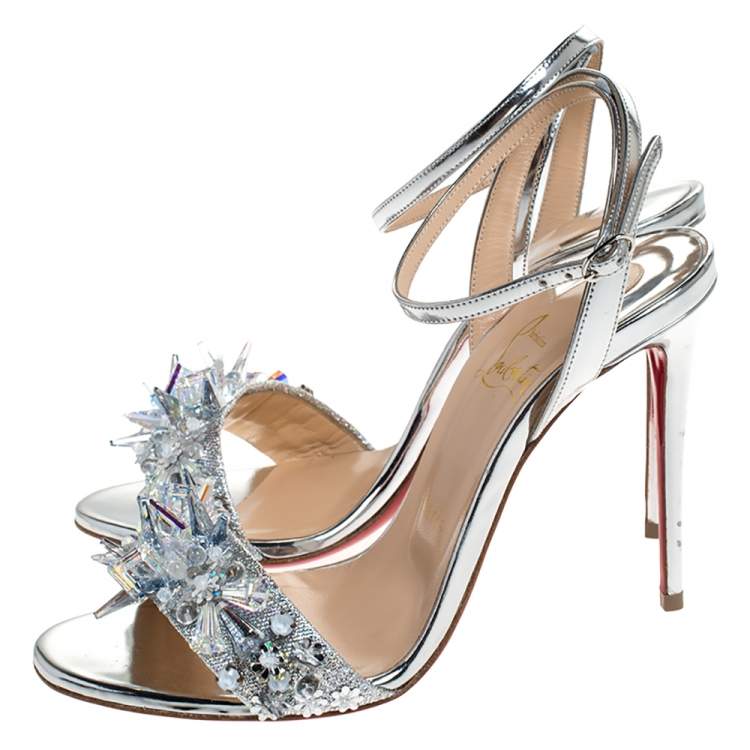Pre Owned Christian Louboutin Metallic Silver Lame Fabric And Leather Embellished Okydok Ankle Strap Sandals Size 37