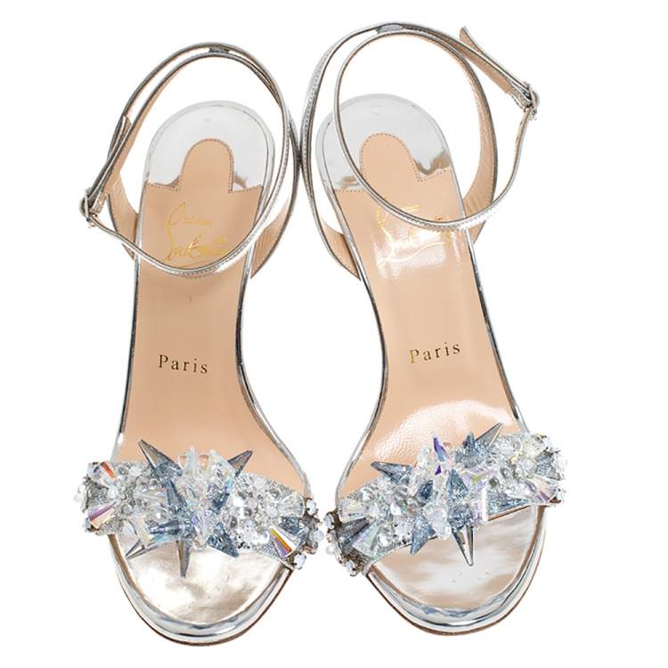 Pre Owned Christian Louboutin Metallic Silver Lame Fabric And Leather Embellished Okydok Ankle Strap Sandals Size 37